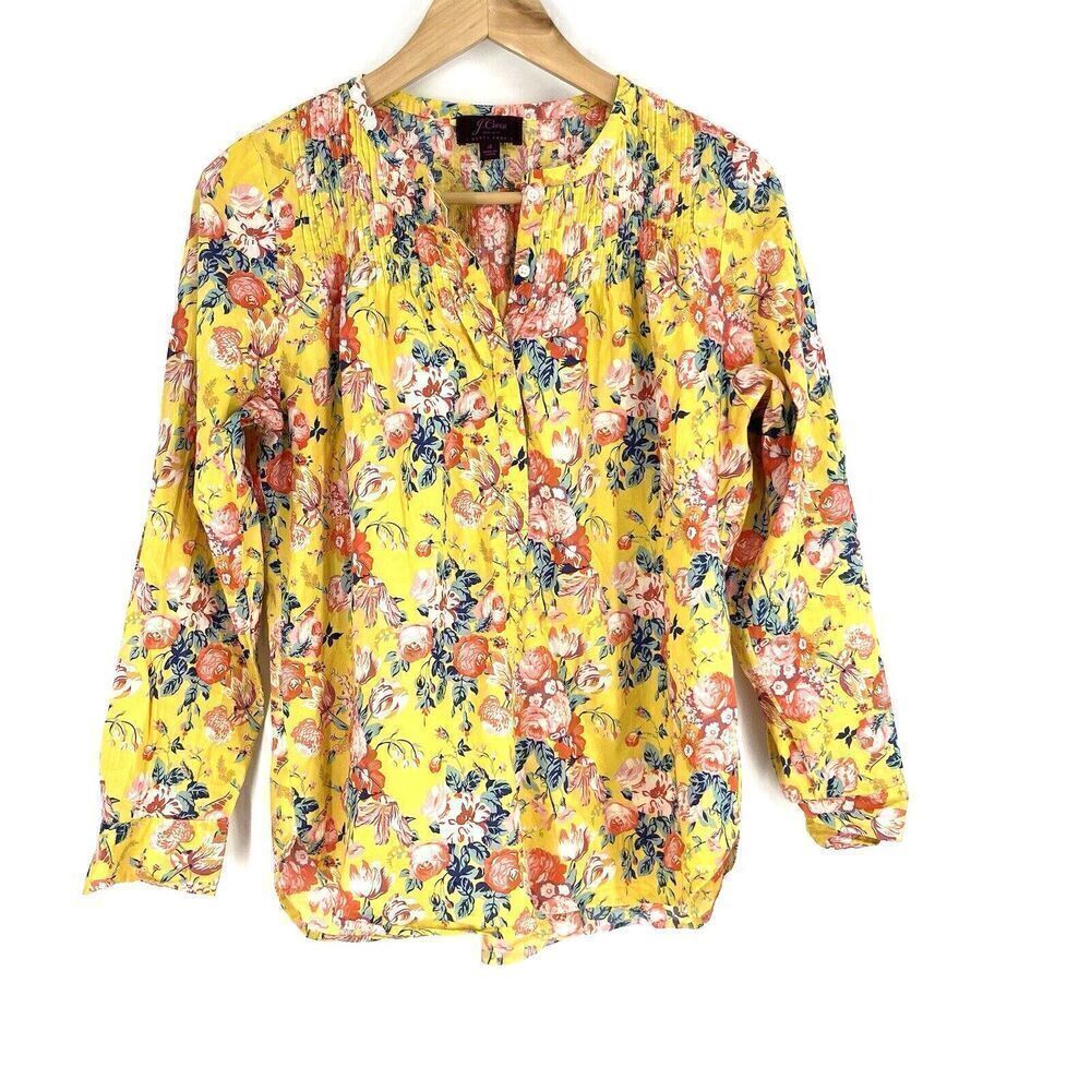 J Crew Liberty Popover Top Size 4 Yellow Pink Floral Print Long Sleeve Pintuck